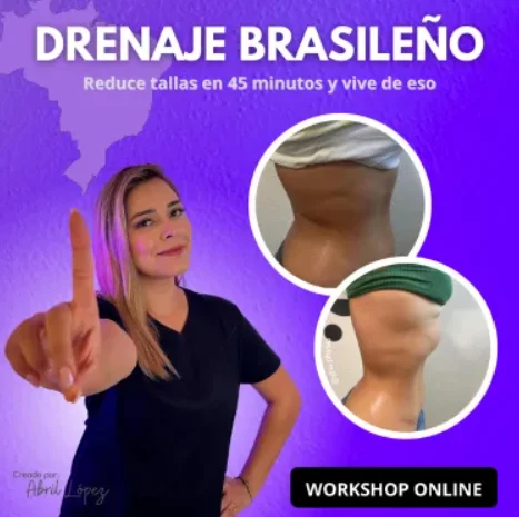 Fotografía de Abril Yamile López con el dedo índice levantando y anunciando que reduce tallas en 45 minutos con su curso online de drenaje linfático brasileño